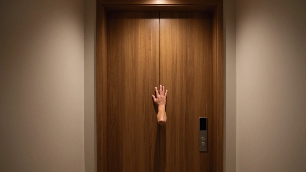 A hand knocking three times on a closed door in a discreet Dubai residential building.