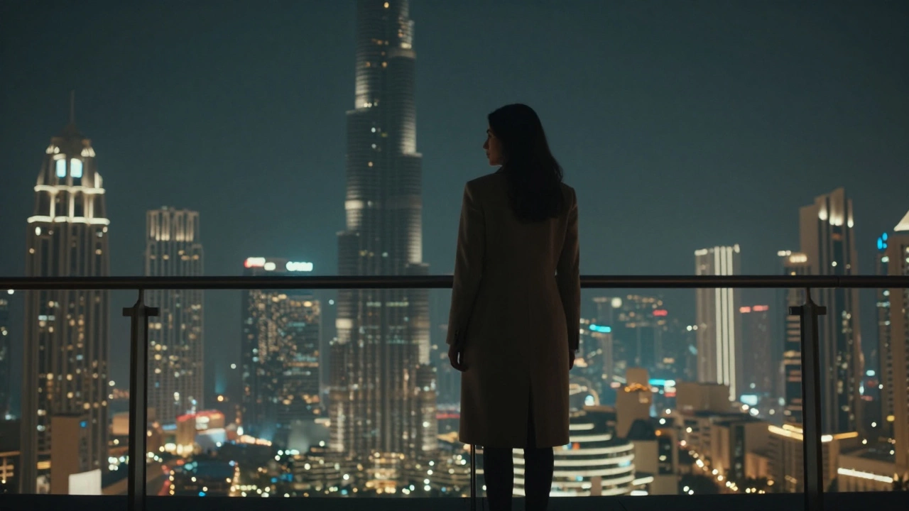 A solitary figure on a luxury balcony at night, overlooking Dubai&#039;s skyline in calm silence.