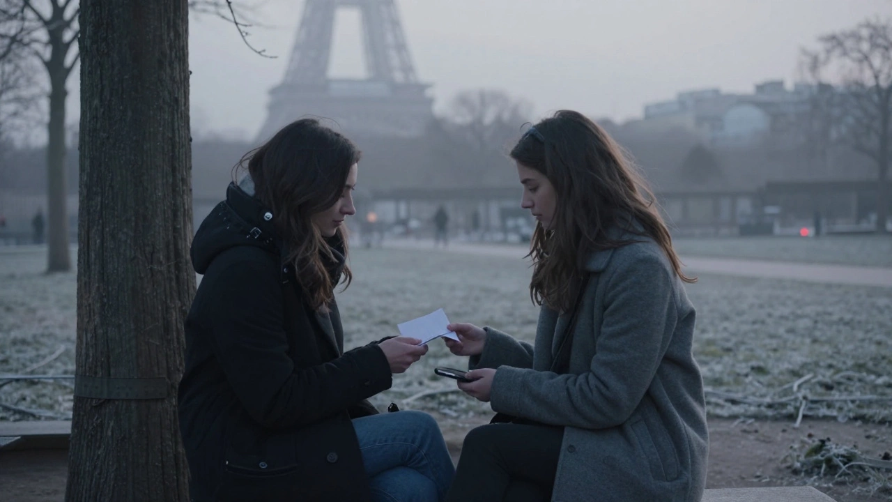 Two women exchanging a note and burner phone in a frosty Paris park at sunrise.