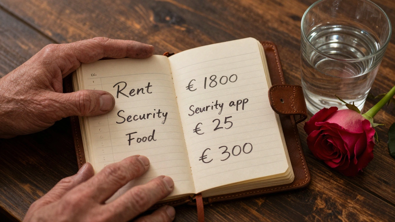 Weathered hands holding a journal with handwritten expenses beside a single rose.